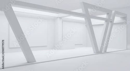 Modern minimalist white architectural interior with geometric beams and clean lines.