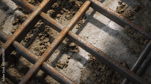 Close-up of rusty, rectangular metal bars overlaid on a gritty, earthen surface, casting shadows