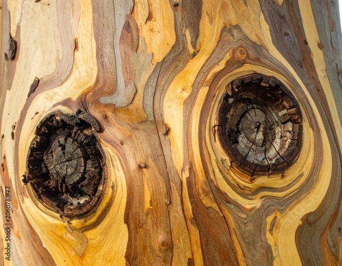 Colorful tree bark with two knots