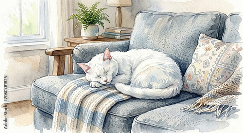 watercolor cat sleeping on sofa	
