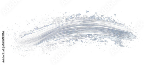 A textured, sweeping brushstroke of white and grey paint on a stark black background