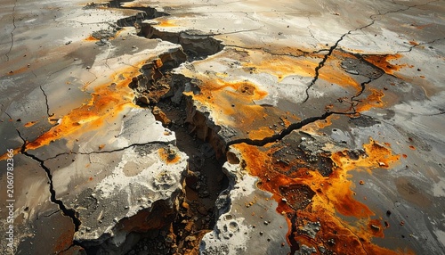 Cracked, dry earth with orange stains