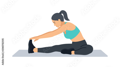 Young Woman Performing Seated Forward Stretch Exercise on Yoga Mat in Gym or Studio Setting.
