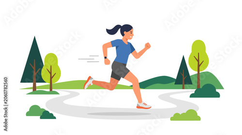 Young Woman Running Outdoors in Nature Scene for Fitness and Exercise.