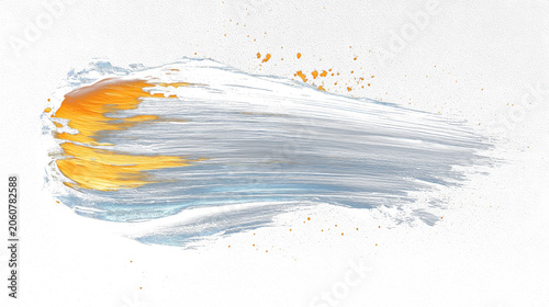 Abstract brushstroke in metallic blue and orange tones against a dark background