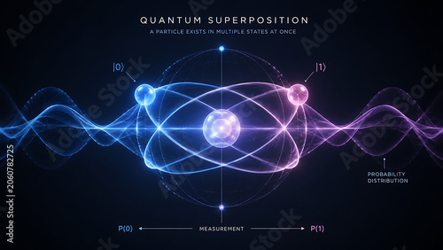 Quantum Superposition Wave Function With Measurement Collapse Visualization | Dual State Particle Physics Concept In Futuristic Style | Abstract Quantum Mechanics Probability Field Diagram