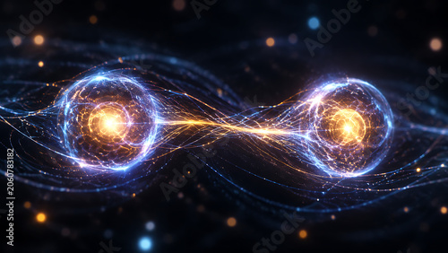 Quantum Entangled Particles Connected By Energy Field Lines | Abstract Representation Of Non Local Quantum Correlation | Futuristic Physics Visualization Of Linked Particle States
