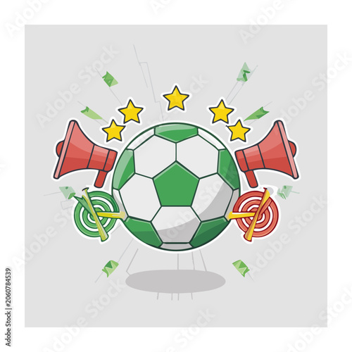 Flat design soccer ball with megaphones and stars