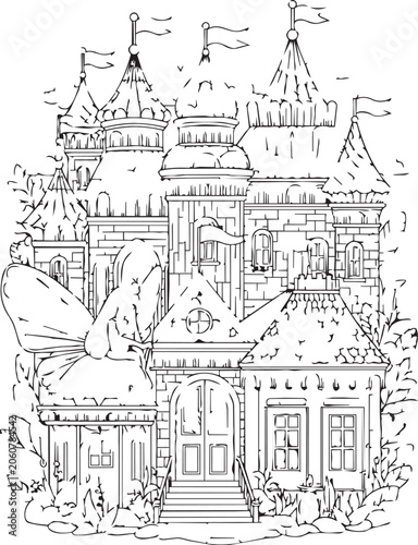 Whimsical fairy sitting on a fantasy castle rooftop during daytime with detailed line art style