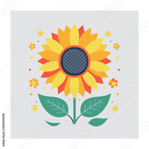 Flat design sunflower illustration with leaves and small flowers