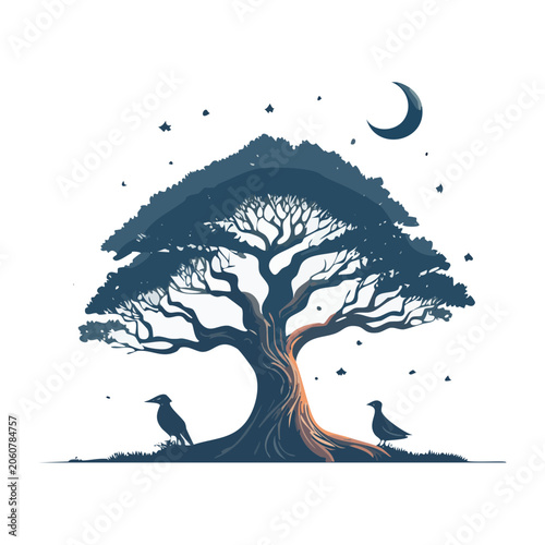 Minimalist tree illustration with birds and night sky