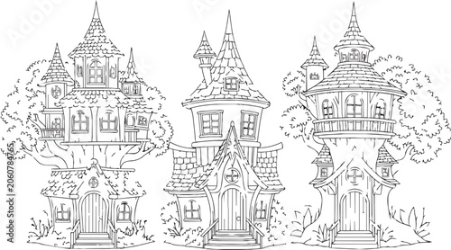 Whimsical treehouse dwellings with intricate architectural details on a white background