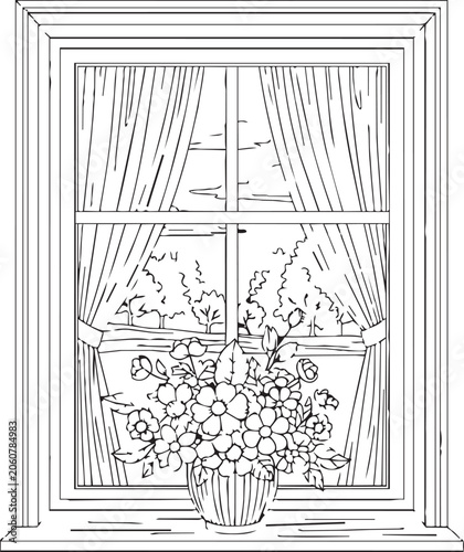 Window with floral arrangement and curtains overlooking a garden scene in artistic line drawing style