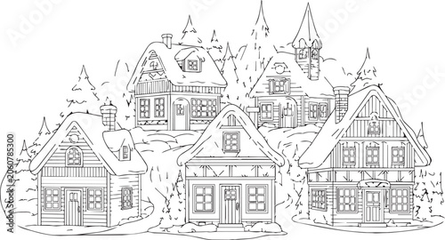 Winter village scene with snow-covered houses and pine trees in a charming line art style