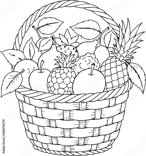 Abundant fruit basket spilling with berries apples and pineapple in a rustic woven design