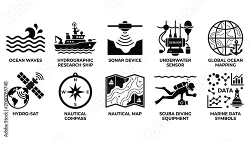 Vector oceanography and marine research icon set with sonar, hydrographic ship, nautical compass, map, satellite, and underwater sensor symbols