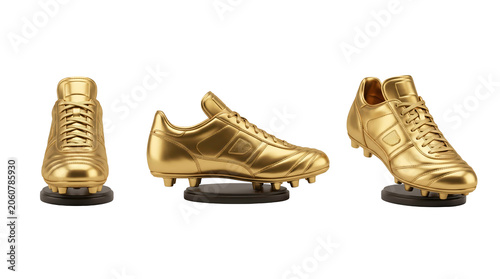 Set of 3 multi-angle views of golden boot trophy award soccer top scorer football tournament cup prize, transparent background, PNG