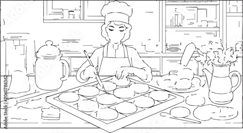 Baker prepares cookies on tray in kitchen with soft natural light and focus on culinary creation