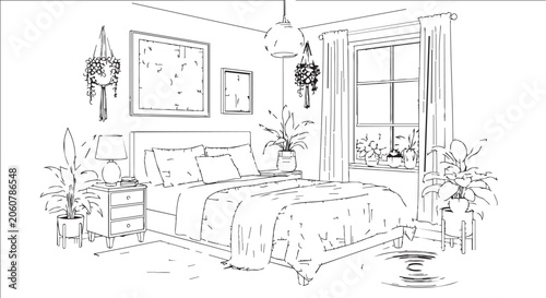 Bohemian bedroom interior sketch with plants and natural light during daytime