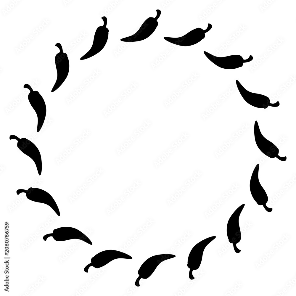 Fototapeta premium Circular frame with silhouette chili peppers. Spicy pepper circle border. Hot Chili Pepper Circle Frame. Round Frame Red Chili Peppers. Spicy food border template