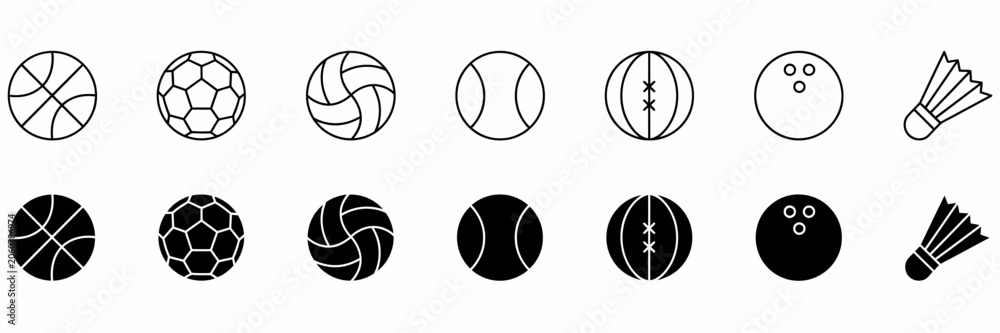 Fototapeta premium Sports Balls and Equipment Line and Glyph Icon Vector Set