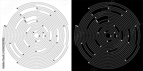 Abstract geometric concentric circle line pattern vector illustration set. Simple black and white circular vortex layout, minimalist constellation dot and spiral linear graphic design isolated