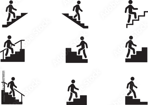 Bild auf Leinwand Set of stair climbing and descending stick figure icons showing staircase naviga
