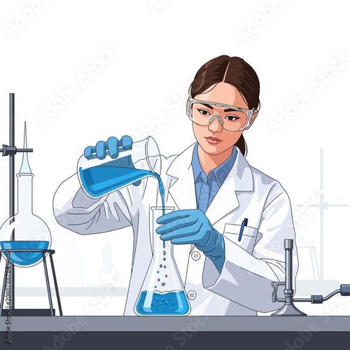 Foto Female Chemist Mixing Chemical Liquids in Laboratory