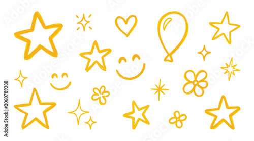 Quadro su tela Collection of yellow handdrawn celebratory icons including stars smiley faces a