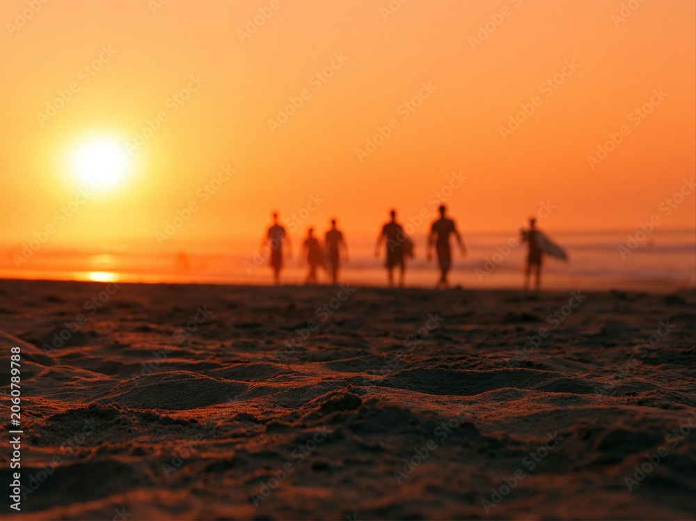 Fototapeta premium Surfers with surfboard walking along the beach at sunset silhouette by the ocean