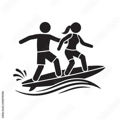 Two people running on surfboard together