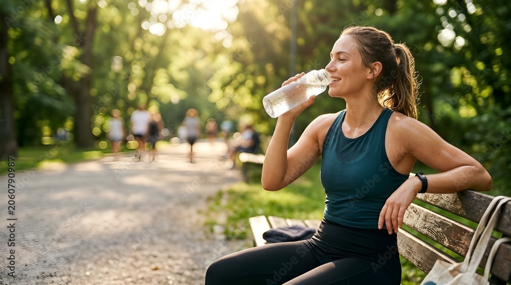 Fototapeta premium Athletic Woman Resting on Park Bench Drinking Water Bottle Morning Light