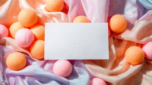 Colorful Peach and Pink Foam Balls on Satin Fabric with White Card