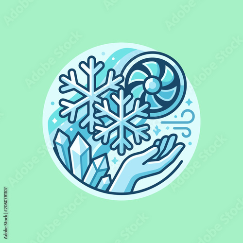 A stylized illustration showing winter elements and a cooling fan