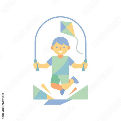 A happy young child jumping rope with a colorful kite flying