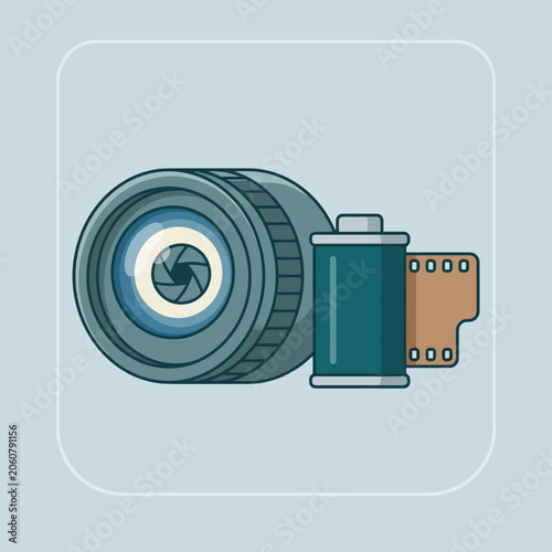 A professional camera lens and a roll of film are displayed