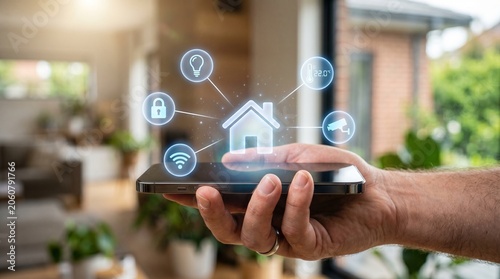 Smart Home Integration: A hand holding a smartphone displays a futuristic interface connecting to a smart home system, illustrating seamless control over various household functions.