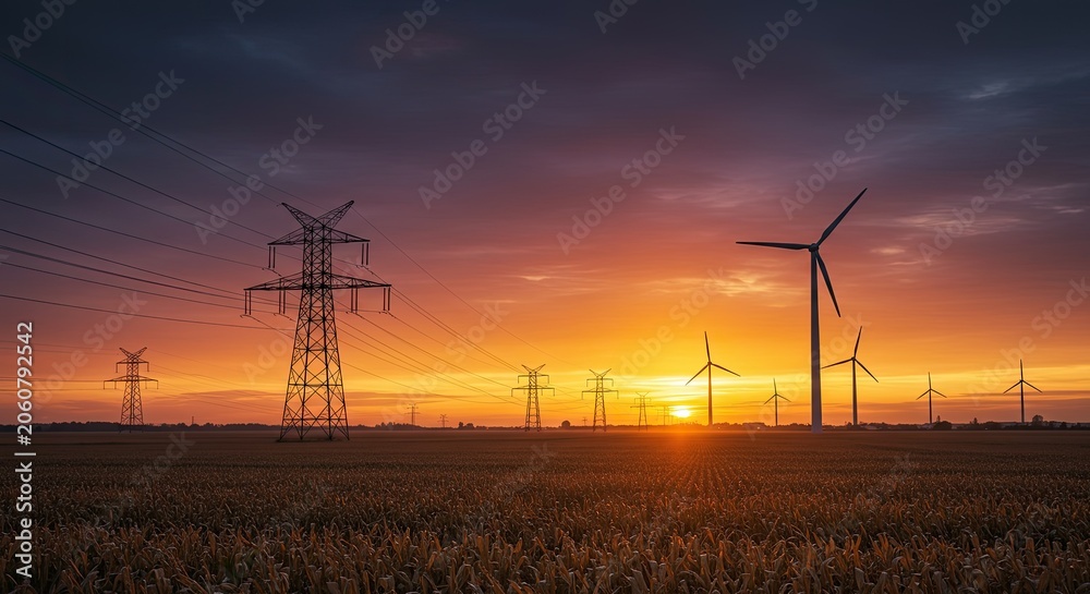 Obraz premium Wind turbines and power lines at sunset generating clean energy