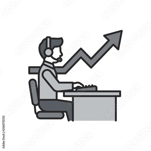Customer support agent with headset and rising growth chart.