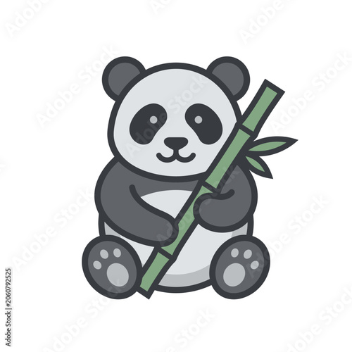Stylized grey panda bear holding a green bamboo branch.
