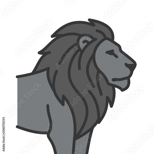 Bold profile illustration of a lion head with mane.