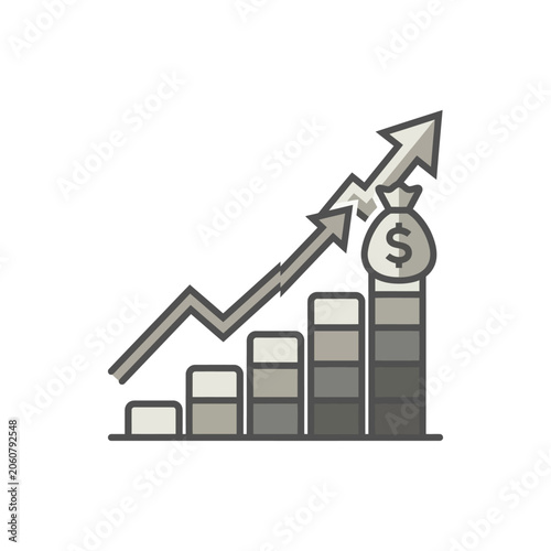 Bar chart with money bag and upward trending arrow.
