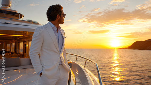 Successful Businessman in White Suit on Luxury Yacht at Sunset, Elegant Entrepreneur Enjoying Ocean View, Wealth, Leadership, Freedom and Premium Travel Lifestyle Concept