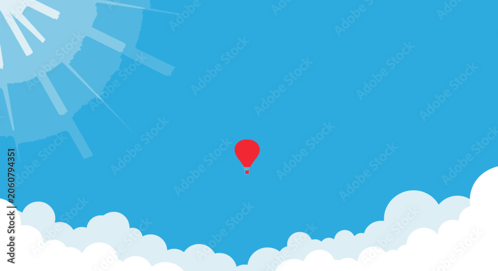 Fototapeta premium A tiny red hot air balloon floats peacefully high above fluffy white clouds in a bright blue sky under a shining sun, symbolizing freedom and adventure.