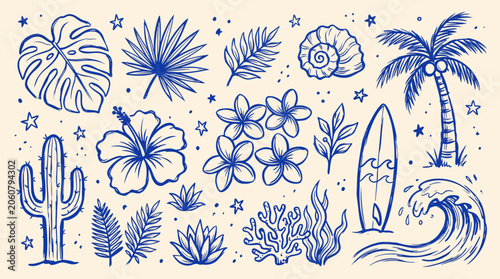 Collection of handdrawn tropical beach and desert elements in blue outline on cream background