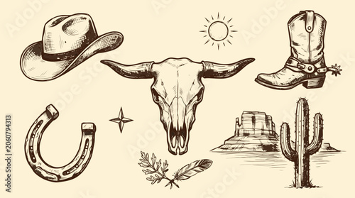 Collection of western themed illustrations including a cowboy hat bull skull and desert landscape elements