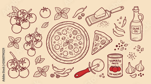 Delicious Italian pizza ingredients including fresh tomatoes basil and chili peppers