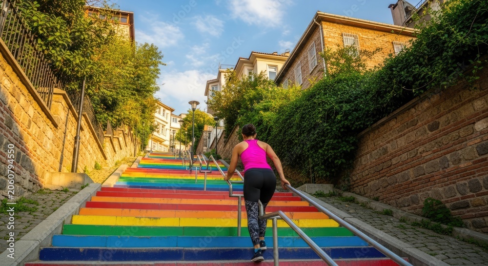 Obraz premium Woman Riding Bicycle Down Rainbow Staircase.