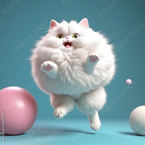 3D exotically fluffy white cat ball floating gracefully like a cloud