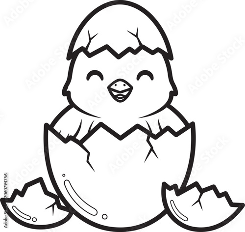 Baby chick hatching from eggshell black and white line art illustration